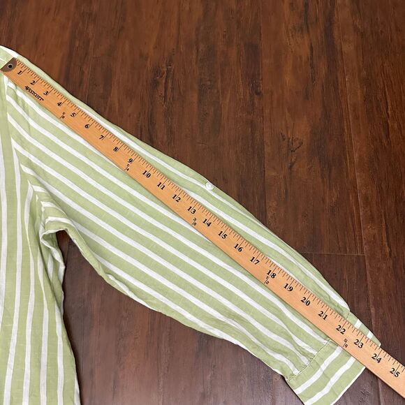 LOLA RIVER Striped Shirt Green White Button Up Tie Roll Tab Sleeve - Picture 11 of 11